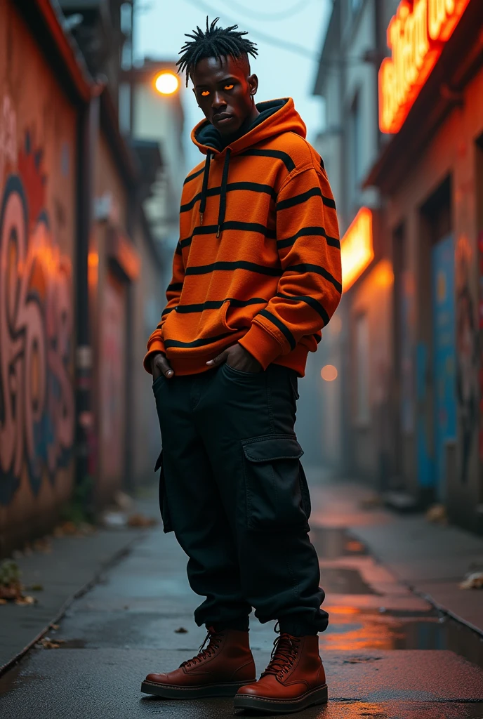 Un personnage de couleur noir avec des contours et un dégradé, il a des cheveux mais pas beaucoup, il porte un pull orange a rayures noir et un cargo noir puis des baskets noirs. Et il a les yeux orange et fronce les sourcils et ne sourit pas 