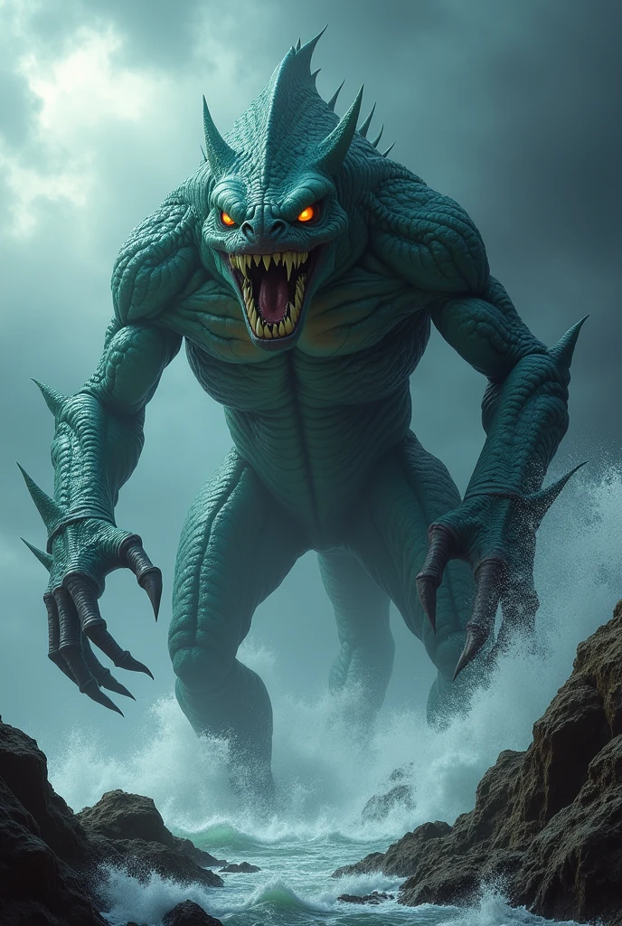 bipedal sea monster with sharp claws and teeth and large eyes, guelrras, membrane between the fingers