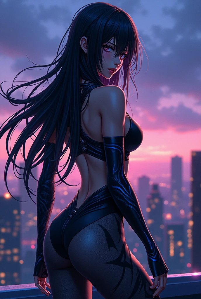 Gorgeous athletic anime girl, long black hair and fused with Venom Sexy