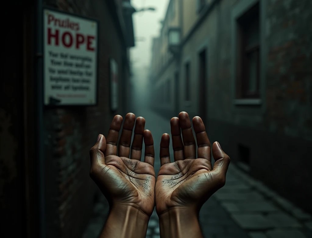foreground:1.4, hands of a humble person begging for alms:1.5, dirty hands, dramatic scene, cinematic lighting, poster asking for help,
