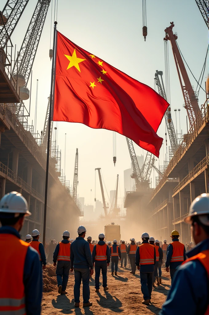 Create an image with multiple builders and construction machines with the Chinese flag displayed horizontally. 
