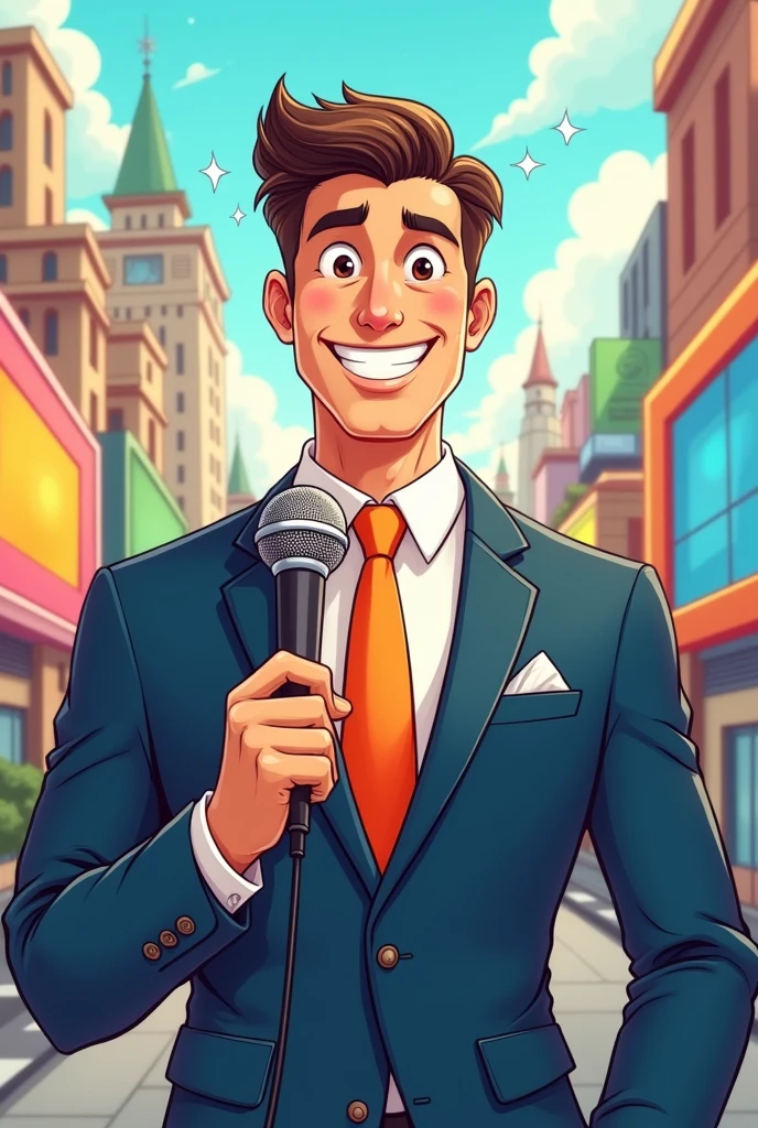 Male journalist in a suit looking straight ahead with a microphone, happy in cartoon
