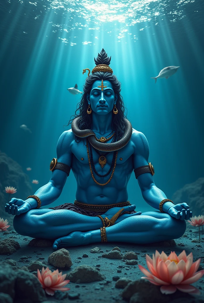 Shiv shankar name 'S lord,maditation, under ocea,om and big snak  on head background ,danger