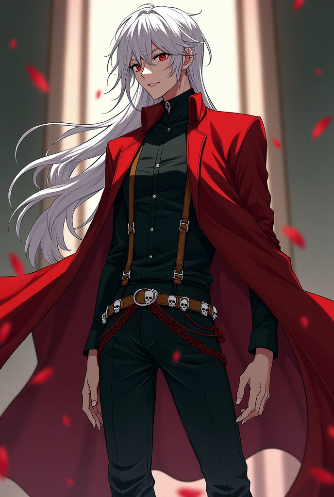 Raise a man. This man will be tall, with pale skin, long, white hair. He will have red eyes, a wistful smile, and a defined jawline. He will be tall and slender, with broad shoulders and a defined physique. He will wear a red overcoat, with a black shirt underneath and some brown straps. His pants will be black, with a belt with small skulls. He will wear black boots, with red laces. There will be bloodstains on your face. HE IS YOUNG. ANIME STYLE,