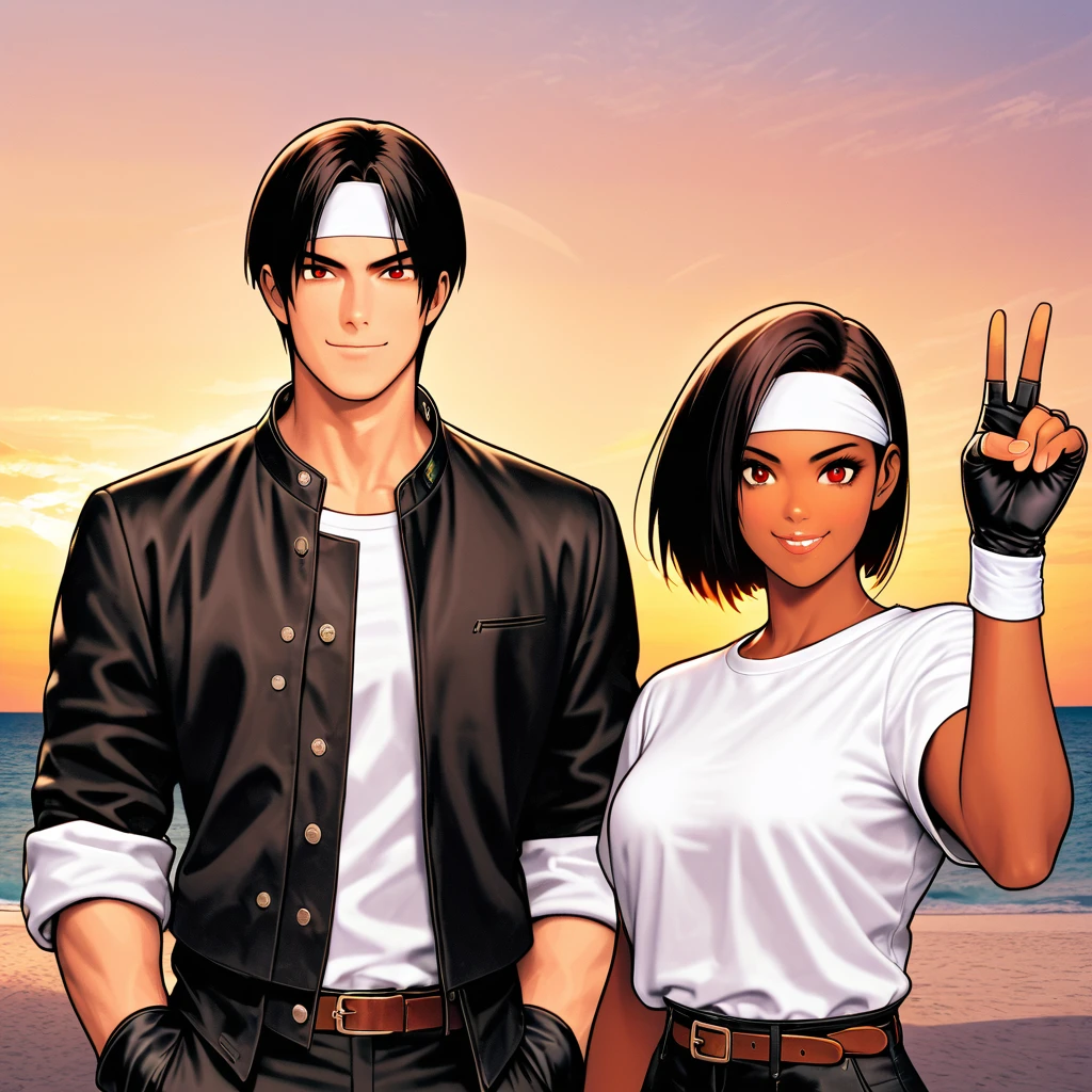 color change, couple, dark skin, red eyes, ((rolled up black jacket)), fingerless gloves, black hair, white t-shirt, ((white headband)), black pants, white shoes, brown belt, handsome, photo, attractive, masterpiece, high resolution, detailed face, fine grain, confident smile Maldives beach , Singapore, man and woman, smiling, man and woman same hairstyle and clothes, peace sign, blue sky, drinking juice, day,
