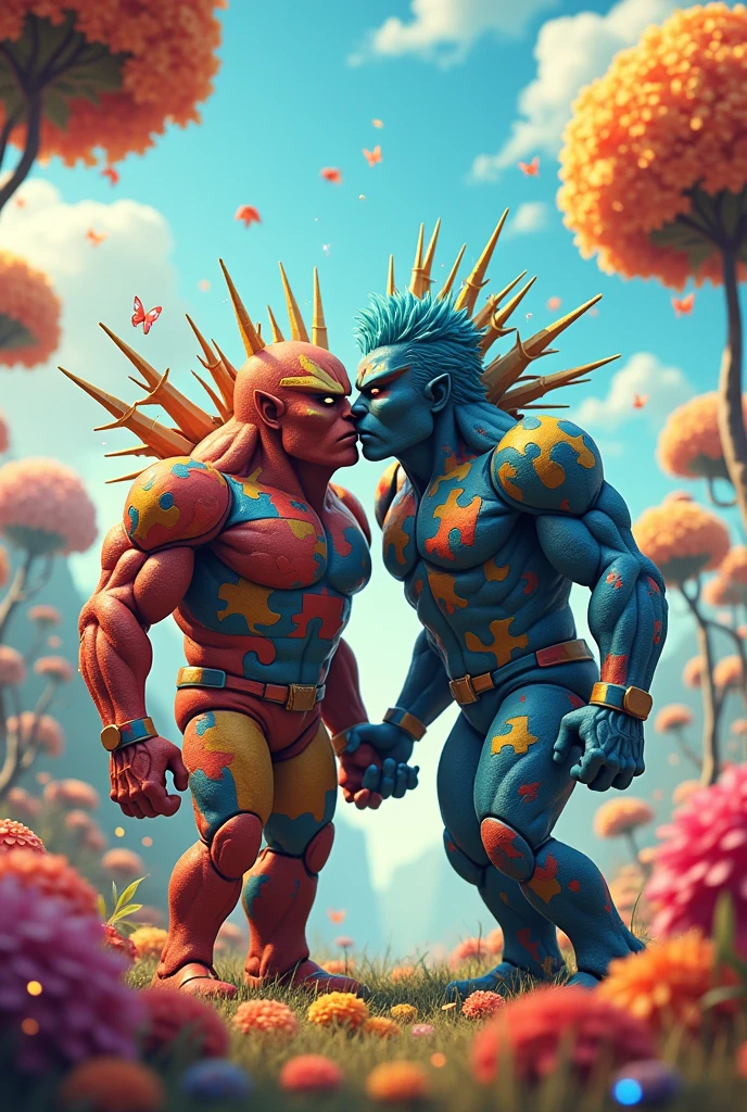 Create an image of Titan Spiker Man kissing Mr. Puzless