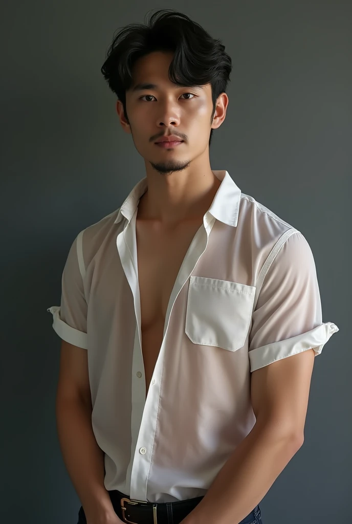 asian man(korean,vietnamese,Chinese,Japanese), 20 years old, beautiful and elegant,sem beard, Wearing a transparent shirt, sexly , masculine and handsome，brawny，Muscles look good，hairy bodies, with light skin,, photo by full body,(ultra detali, photorrealistic, best qualityer, 4K, 8k, high resolution, work of art:1.3), enchanting  , (corpo de construção brawny sem roupa e de costas mostrando suas nádegas e seu ânus suado bem rosinha 