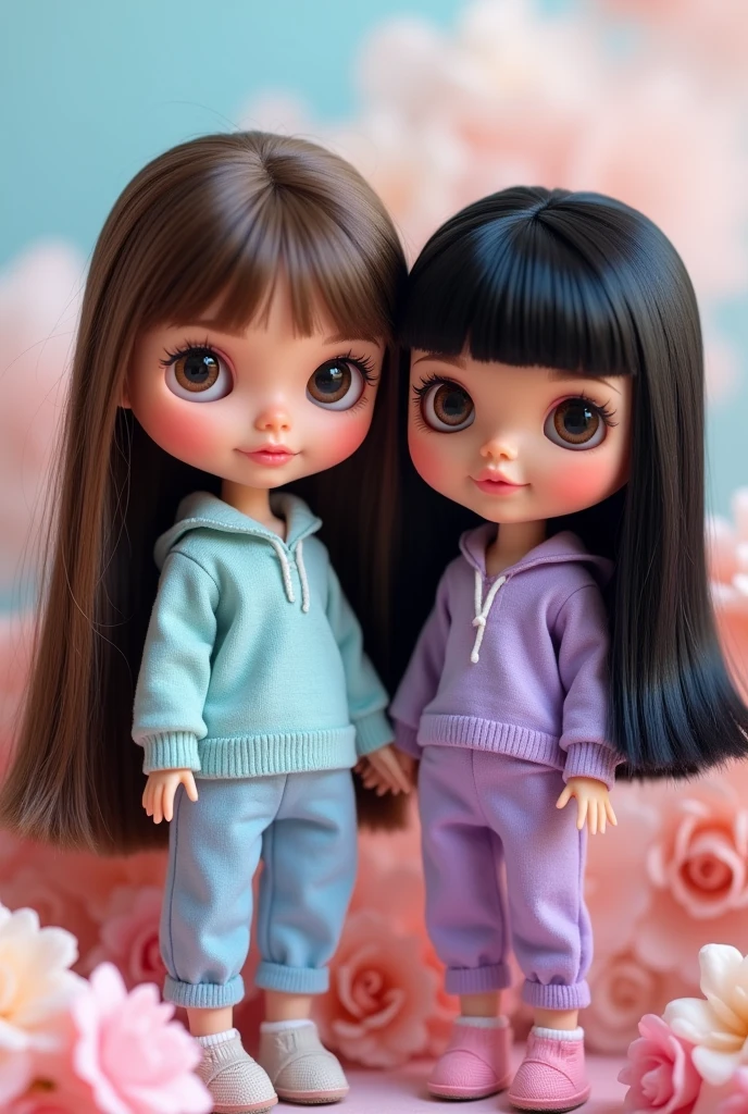  two blythe dolls, one with straight, long hair NOT bangs, Dark brown hair, light brown eyes, smiling y de mirada tierna, with light blue clothes Another blythe doll with black hair, With bangs, dark brown eyes, smiling, tender look and purple clothes, both with long hair and prettier
The one with brown hair without bangs, They are the most beautiful and cute, and they are friends, the one with brown hair no bangs, no bangs, no bangs, no hair on the forehead, pelo cafe NOT BANGS, looking to the camera