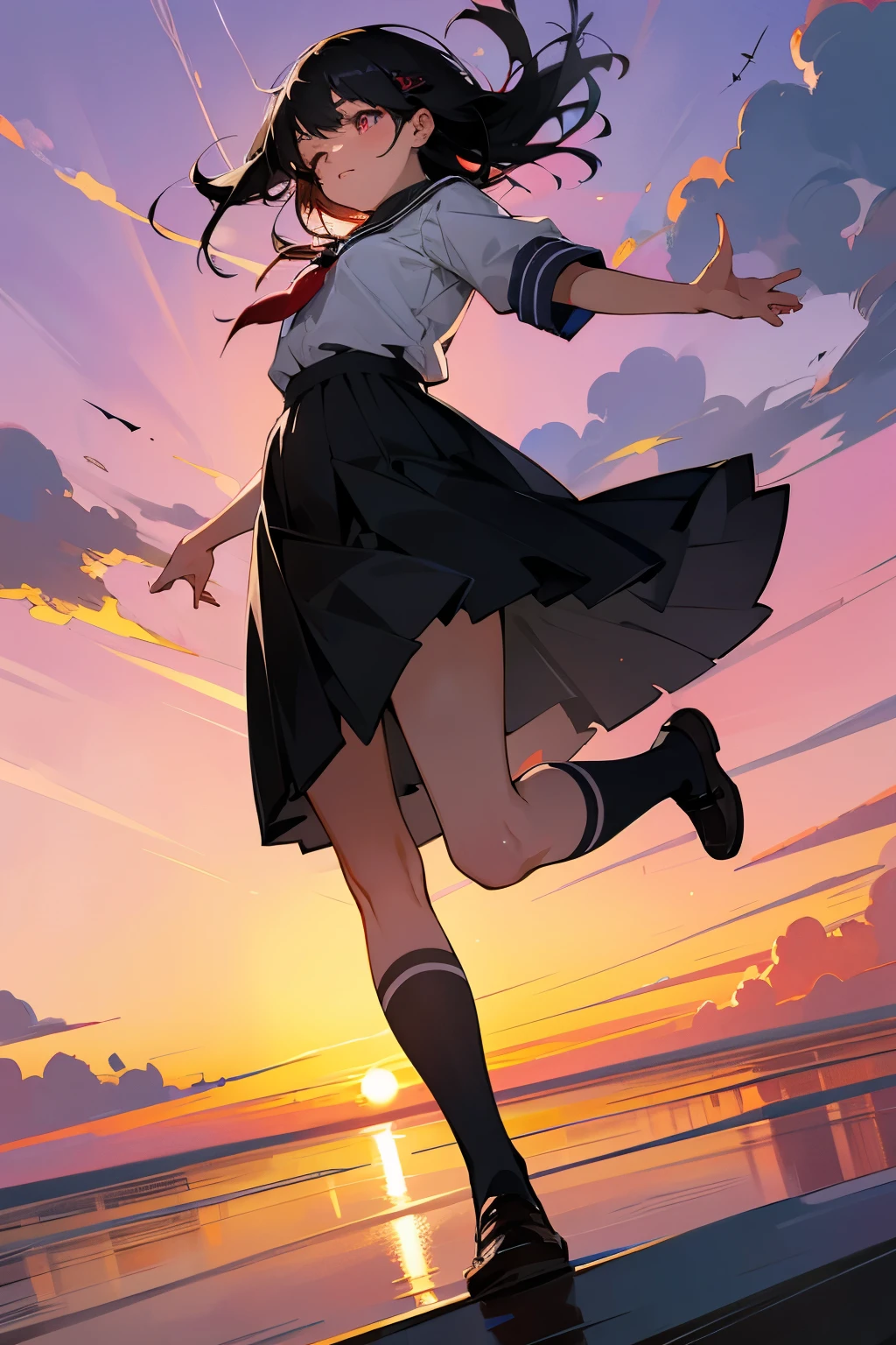 Black haired school girl、Eyes closed、Jumping off、Full body painting、Angle from below、Sunset、Beautiful sky