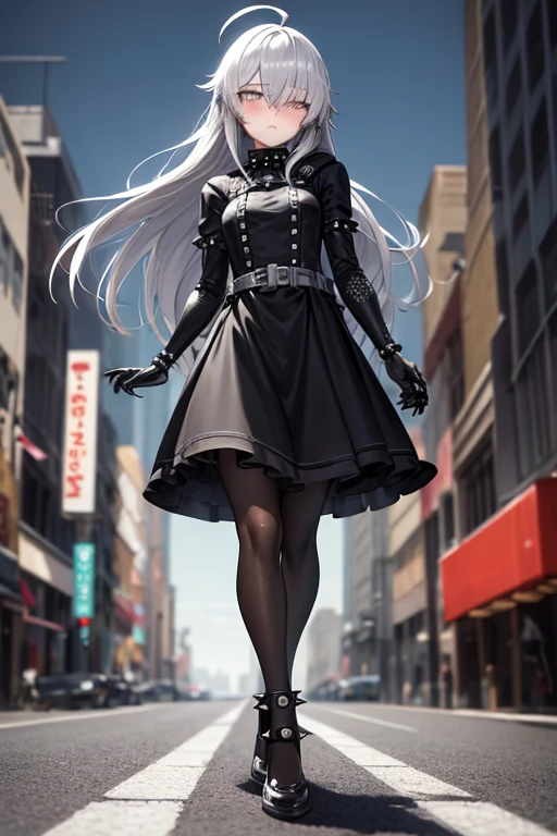 ((best quality)), ((masterpiece)), (detailed), 1 girl, Full body, 18 years old, Depressed face, Silver eyes, Arms outstretched, Arms behind waist, Metal covering her eyes, Eyes covered, Blushing, Silver hair, long hair, ahoge, Bangs, Strand of hair covering her eye, Full body, Tall, Small breasts, Slim body, Grey hood, Metal spikes, Grey wristbands, Long black gloves with spikes, Grey goth outfit, Gothic lolita, Grey dress with metal spikes, Metal emblem, Tight fitting, Black belt, Metal skin, Black pantyhose, Black shoes, Walking through the city, Metal spikes coming out of the road, City background, Anime