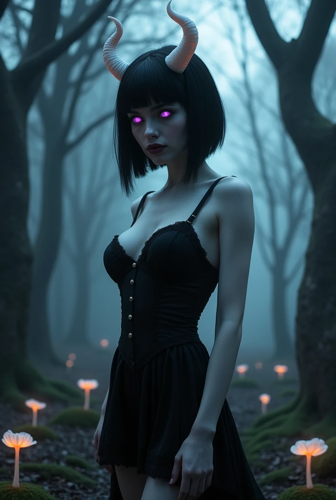 Beautiful demon woman, perfect face, white skin, black hair in inverted bob, black eyeliner, glowing purple eyes, small white horns, large breasts. In a haunted forest, wearing a little black dress.