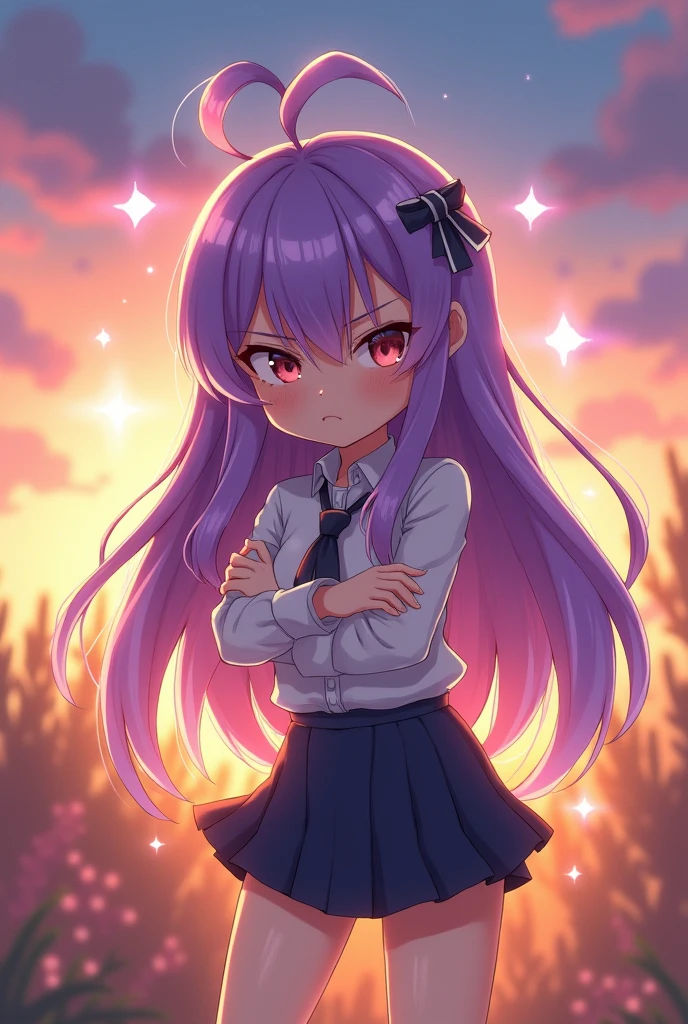 Cute angry anime girl with puffed cheeks, anime profile with long purple hair
