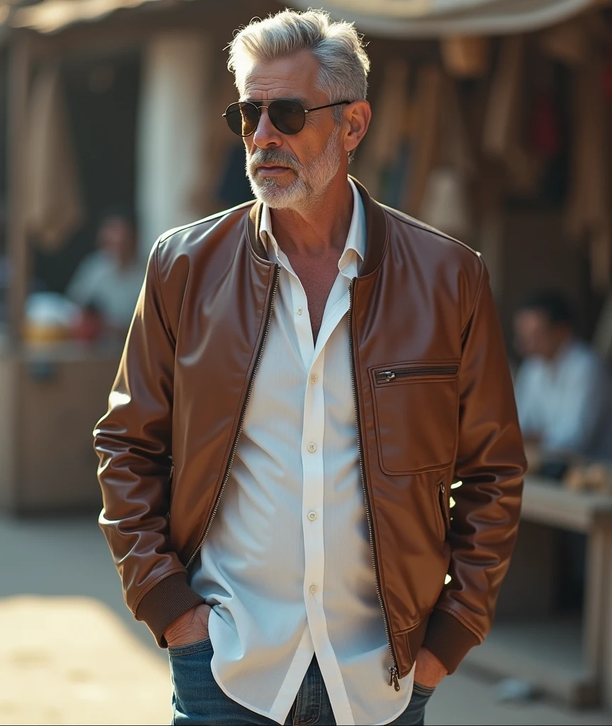  ((alain delon: 1.5)), walking pose, wearing white shirt with leather jacket, background traditional market, golden hour lighting, warm soft lighting, high quality, 8k, photorealistic, portrait, natural light, soft focus, cinematic, dramatic lighting, elegant 