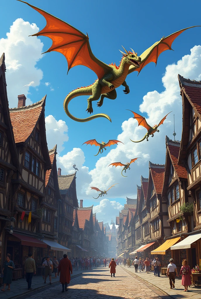 Medieval city with five dragons flying over it