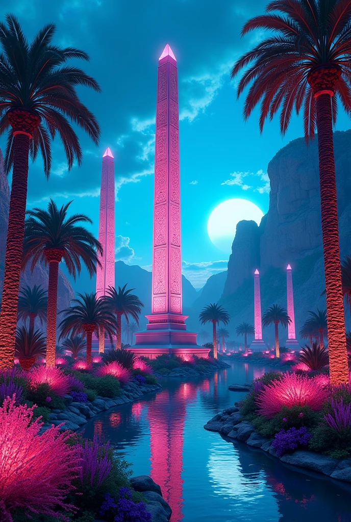 Obelisks of Greek Architecture and landscape with intense neon colors 