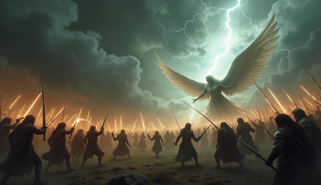 Armies of warriors, both human and demonic, clashing on a vast battlefield under a stormy sky. Lightning strikes illuminate the chaotic scene, where angels with swords of light fight against demonic creatures in a struggle between good and evil.