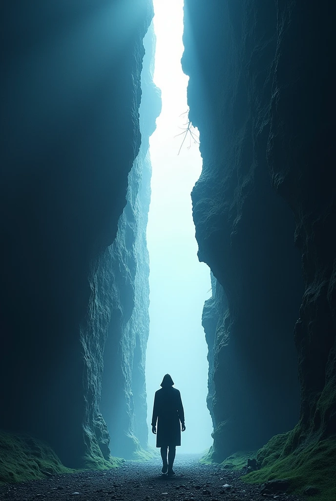 The silhouette of a person passing through a gigantic crack in a wall, where the white light is in the crack and the place where the person is leaving is in blue