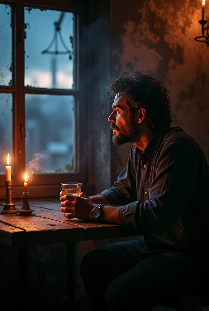 in a cantina amidst smoke and liquor a 30-year-old man absorbed in his thoughts, He holds a nearly empty glass in his hands, while looking through a window where the twilight can be seen on the horizon, 16:9, very detailed shadows and lights accentuate the melancholic atmosphere of the scene