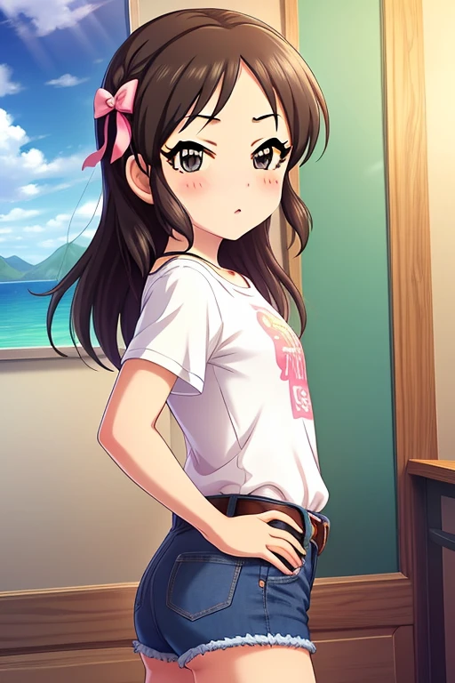 Tachibana Arisu, long hair, brown eyes, brown hair, bow, hair bow, blush, ribbon, looking at viewer, stand, hand own hips, white shirt, t-shirt, belt, jeans shorts, shorts rolled up, from side