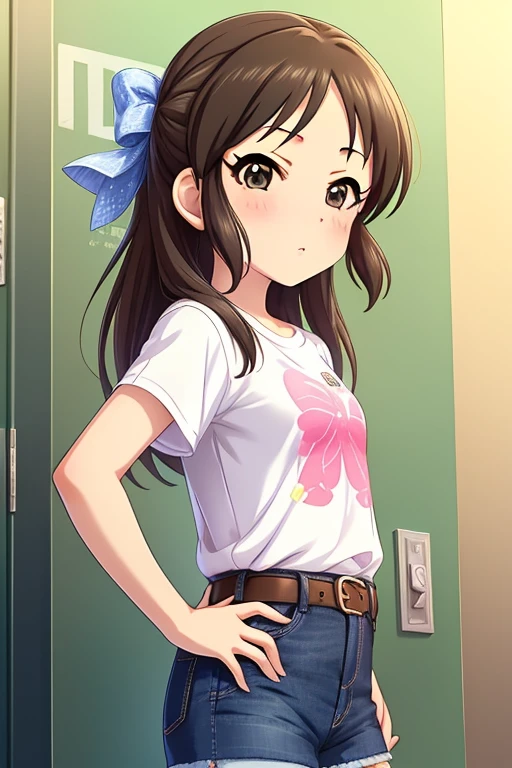 Tachibana Arisu, long hair, brown eyes, brown hair, bow, hair bow, blush, ribbon, looking at viewer, stand, hand own hips, white shirt, t-shirt, belt, jeans shorts, shorts rolled up, from side