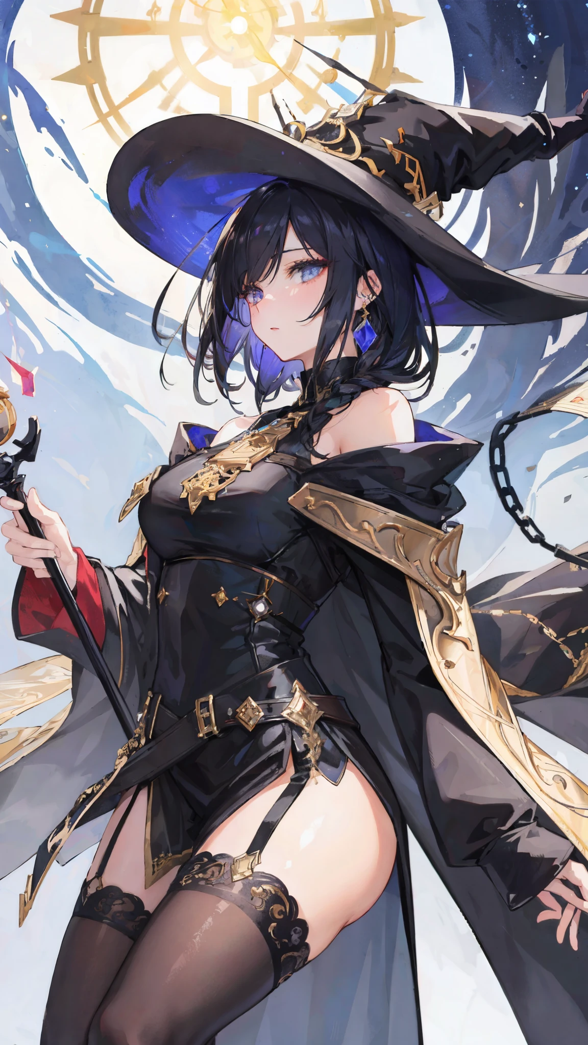 (Masterpiece artwork:1.2), (best qualityer:1.2), perfects eyes, face perfect, perfect  lighting, 1girl, Mature female mage casting a dark spell on top of a cliff, staff, black middle hair, magician_glam, black and gold robes, long sleeves, necklase, chains, shoulder straps, belts, Stockings, Ligatures, wizard hat, long, detailed back ground, make-up, ombre, bushy eyelashes, fancy, gazing at viewer, Bblack hair, sexly. grown-up, legs thick, breasts big