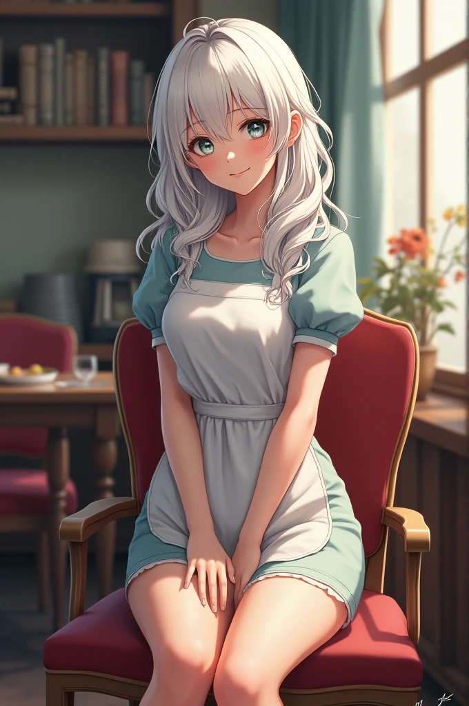 (hyper realist), (photo realist), (high resolution), (8k), (extremely detaild), (best illustration), (beautiful detailed eyes), (best qualityer), (super verbose), (work of art), (wall-paper), (face detailed), standing alone, (dynamic pose), 1 girl, Wavy white hair on the chair, heterochromic eyes, small spots under the eyes, ((Short apron)), medium breasts, Legs long, Tightens the abdomen, (camel fingers), (witheout panties), (Well good)