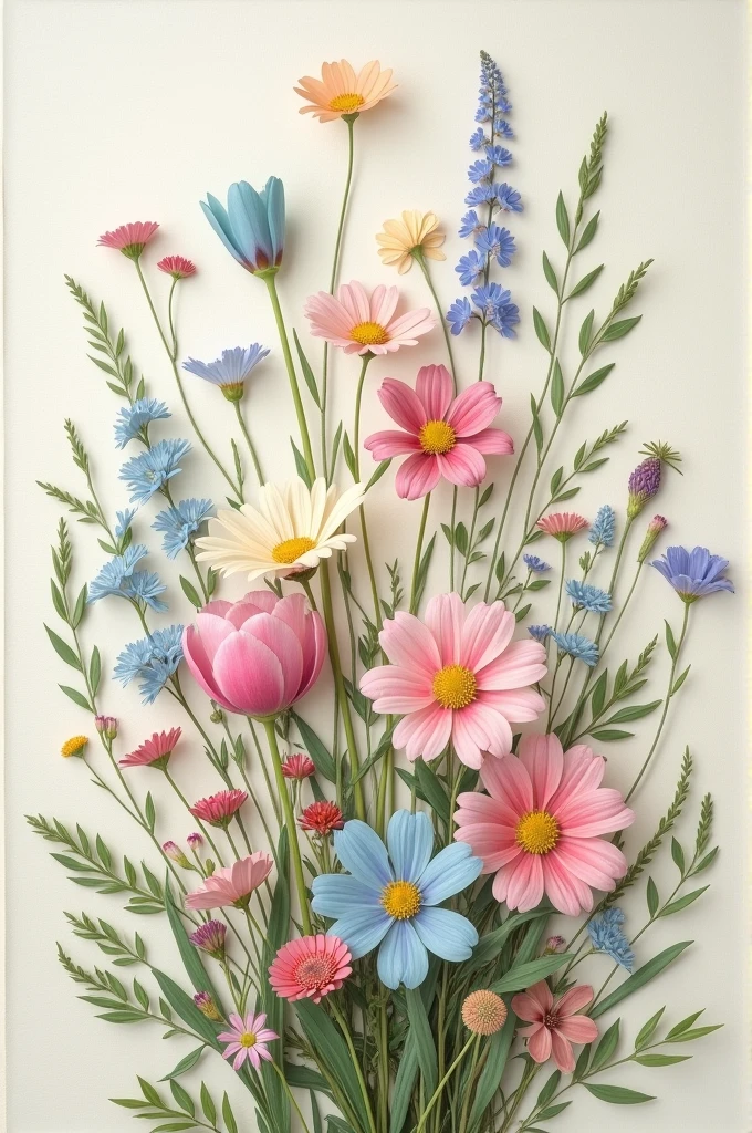 Pastel Pressed Flowers: An arrangement of pressed flower designs in pastel hues, such as blush pinks, soft blues, and muted greens. Include a mix of shapes and sizes for a harmonious, nature-inspired print.