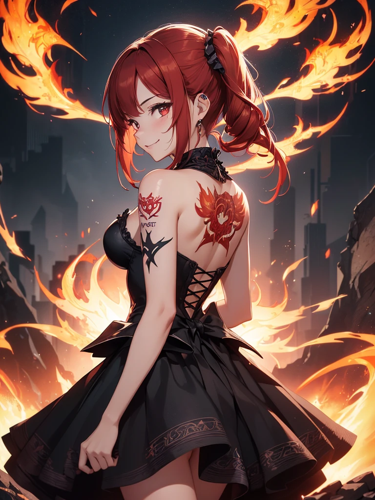 (((best quality, sharp image, clear image, cinematic lighting, 8k resolution, masterpiece, ultra detailed, intricate))) Girl, (((looking over left shoulder))), (shot from behind), ((shot from hip up)), fiery red hair, pigtails, ((intricate black dress)), ((flaming sigils, flaming runes)), spiky rock formations, (flaming lotus flowers frame), (intricate background), (chaotic background), ((Phoenix)), (swirling flames), smiling,tatoo on back