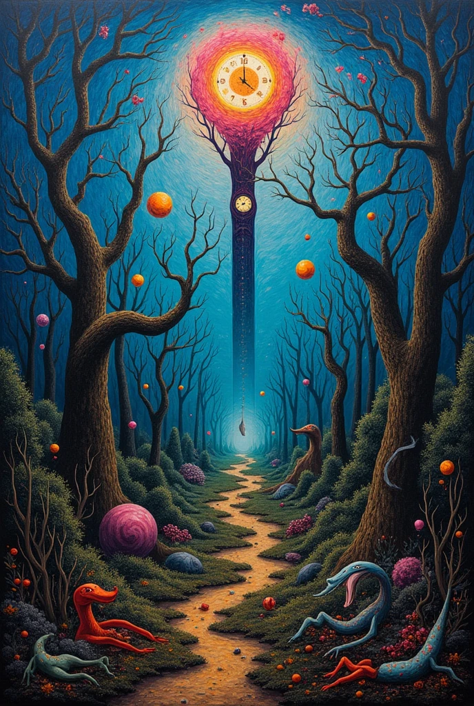create an original work of art inspired by surrealist styles, especially influenced by surrealist artists René Magritte, Joan Miró and Max Ernst, respectively