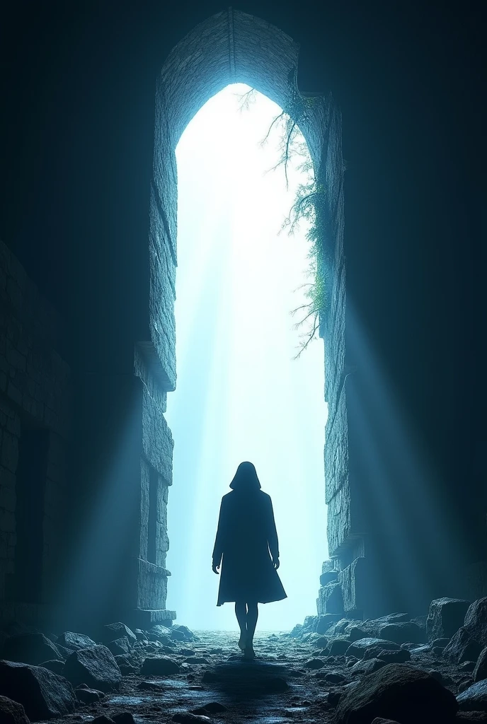 The silhouette of a person passing through a gigantic crack in a wall, where the white light is in the crack and the place where the person is leaving is in blue