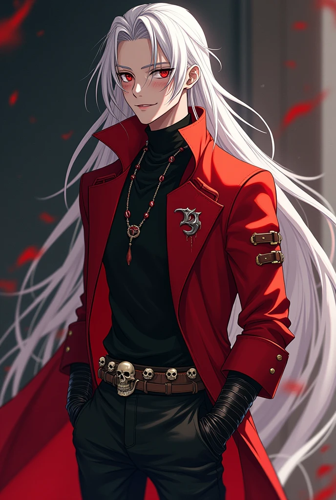 Raise a man. This man will be tall, with pale skin, long, white hair. He will have red eyes, a wistful smile, and a defined jawline. He will be tall and slender, with broad shoulders and a defined physique. He will wear a red overcoat, with a black shirt underneath and some brown straps. His pants will be black, with a belt with small skulls. He will wear black boots, with red laces. There will be bloodstains on your face. HE IS YOUNG. ANIME STYLE.