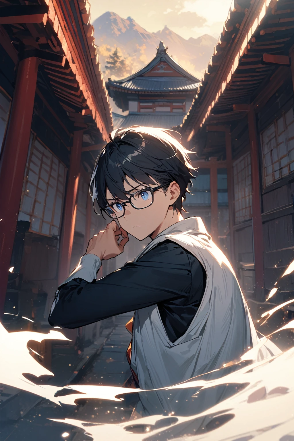 1 boy, alone, Upper body,wearing glasses,dynamic angle,dynamic pose,
black hair, short hair ,blue eyes, knight costume,japanese temple background ,wearing glasses, 