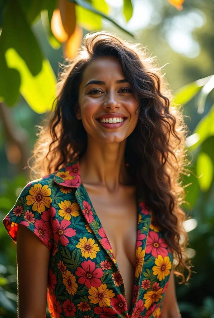 A Brazilian woman in a lush tropical garden, wearing an open shirt with a floral print, with a close-up capturing the harmonious beauty between her breasts and the natural flowers, showing off your natural charm and outgoing personality.