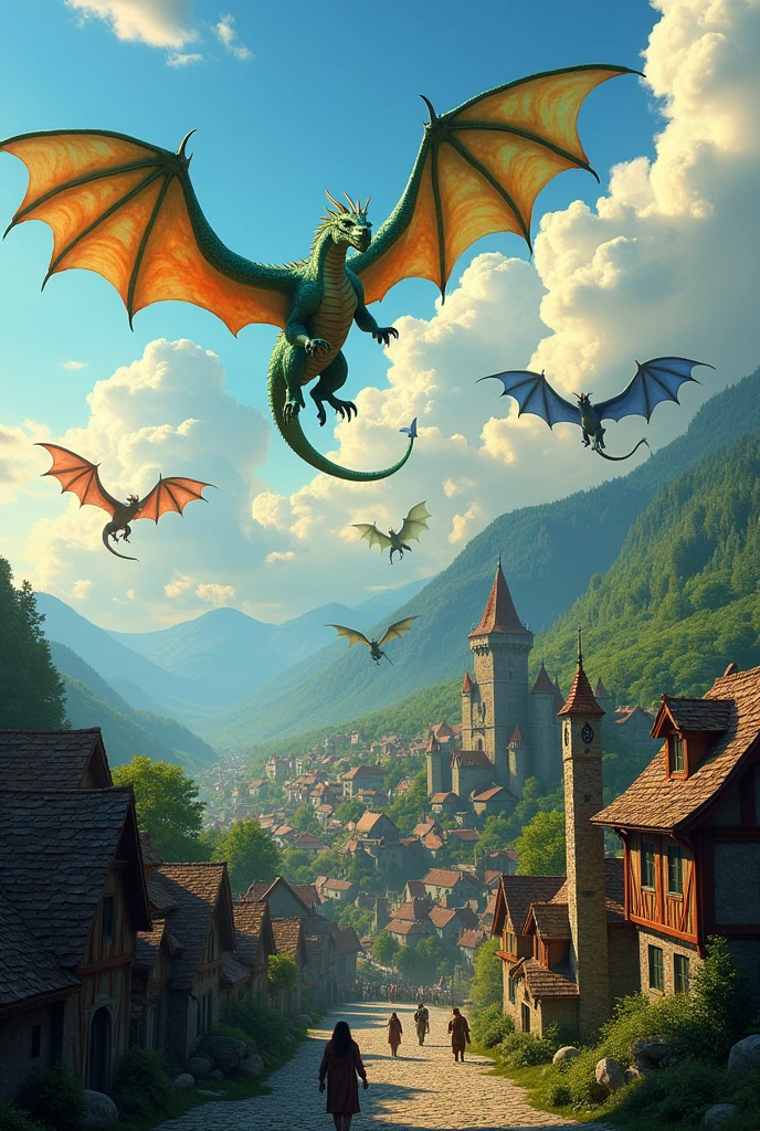 Medieval city with five dragons flying over it