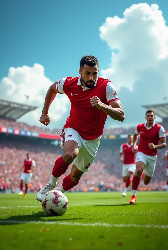 Football player playing football wearing red white jersey