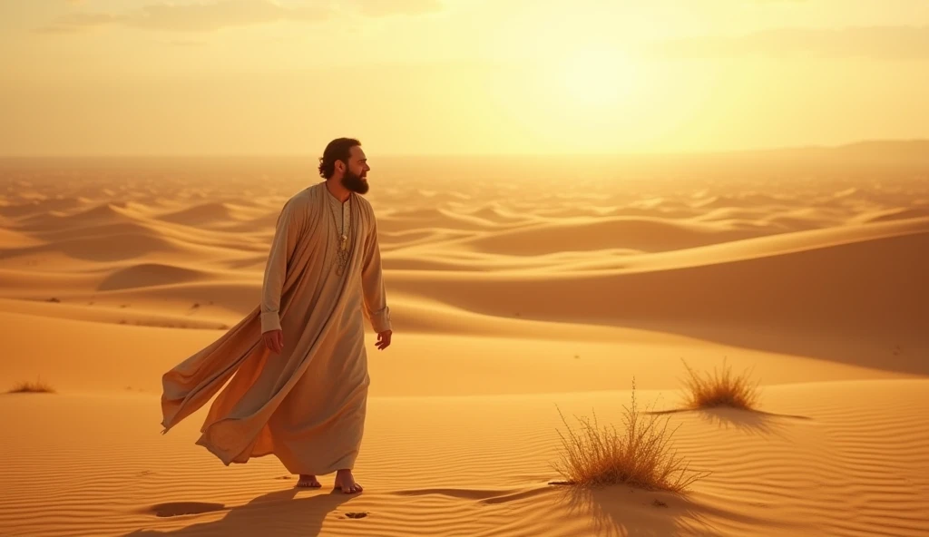 A scene of Jonah, peace be upon him, walking alone in a vast desert, on a journey to get away from his people.