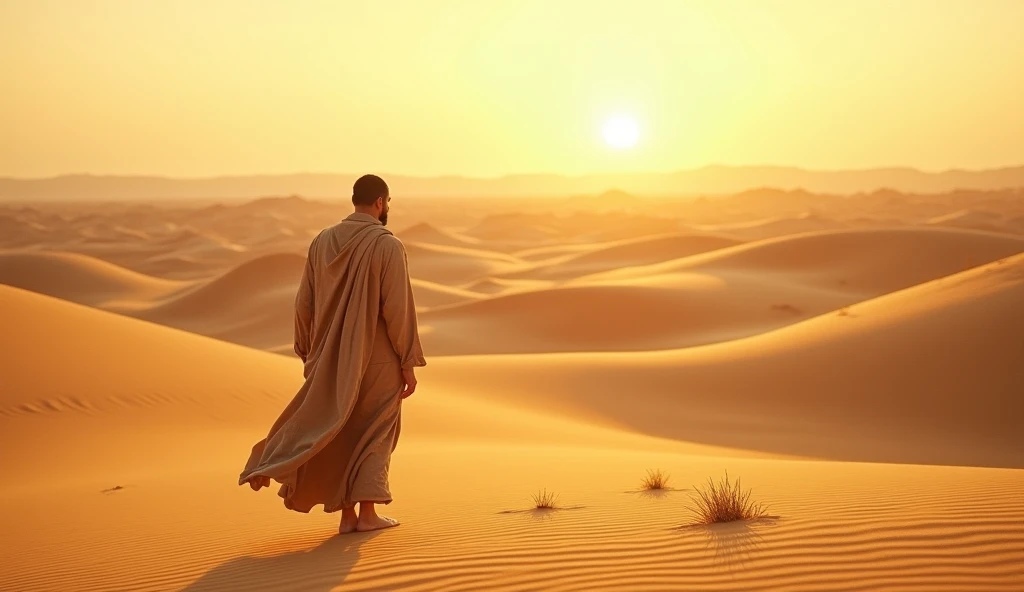 A scene of Jonah, peace be upon him, walking alone in a vast desert, on a journey to get away from his people. 