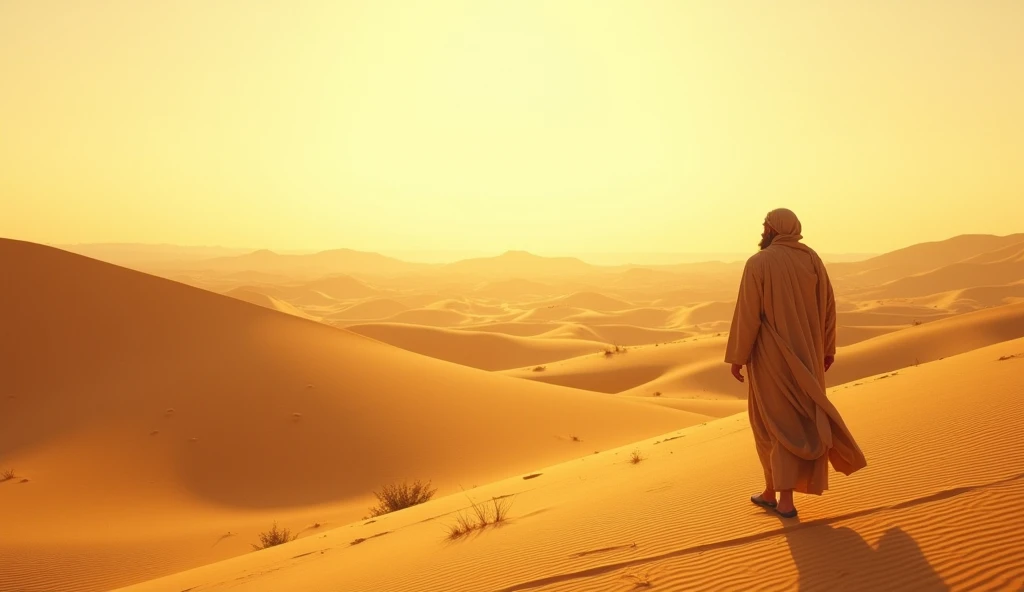 A scene of Jonah, peace be upon him, walking alone in a vast desert, on a journey to get away from his people.