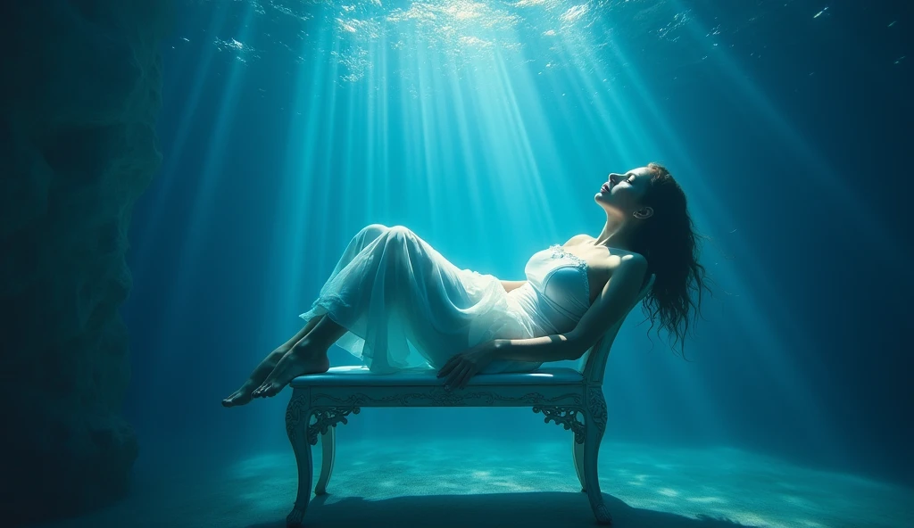 (((OilPaint Style))), The simulation is delicate, Mysterious mood, illuminated woman, Underwater, Floating on the bench, relax, Sitting reflection, blue background