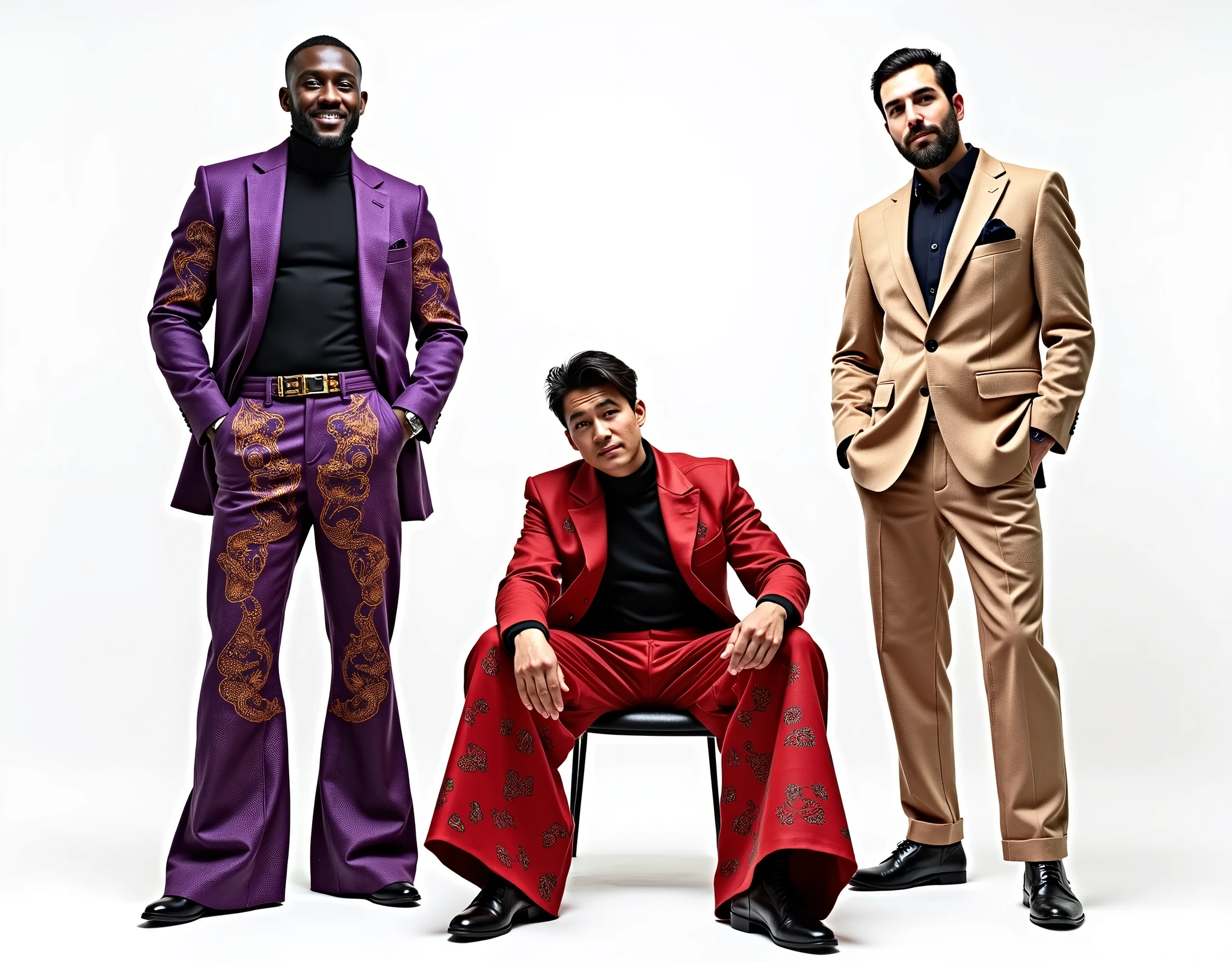 black guy wearing purple suit with african colorfull patterns standing and looking back to the viewer , ((korean guy)) wearing red suit with chinese colorfull patterns sitting , ((turkish guy)) wearing beige suit with arabic colorfull patterns standing , cinematic ,((posing different poses)) white background , photo shooting ,models ,full body , oversize pants