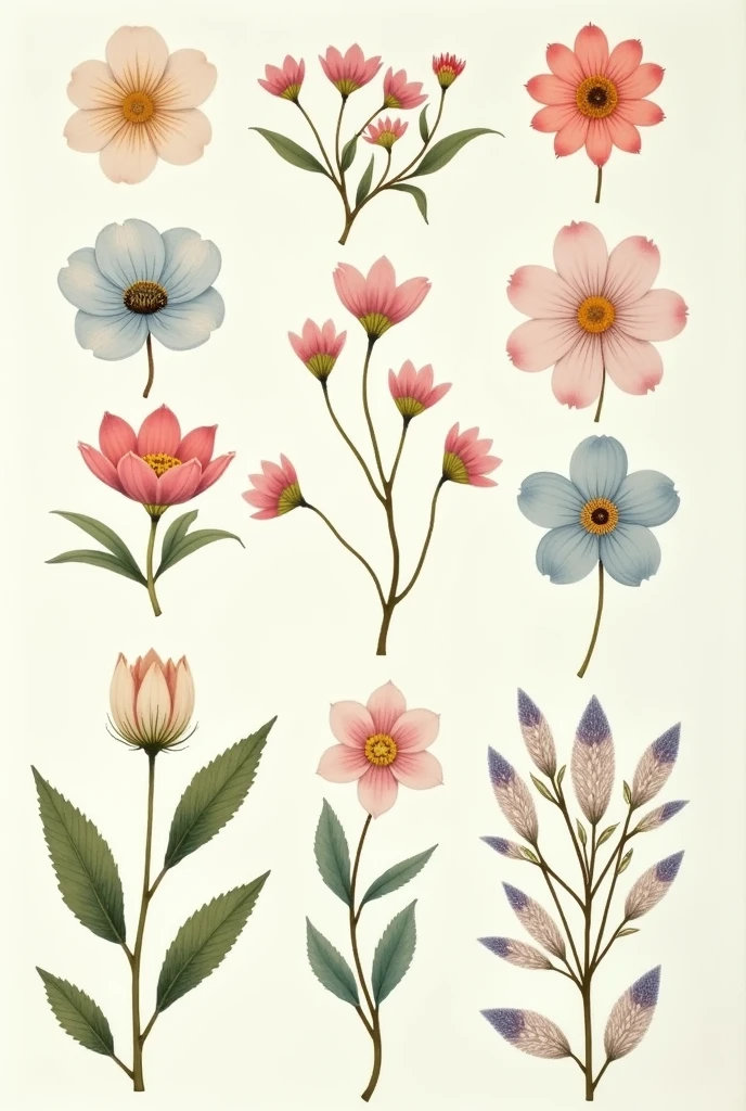 Pastel Pressed Flowers: An arrangement of pressed flower designs in pastel hues, such as blush pinks, soft blues, and muted greens. Include a mix of shapes and sizes for a harmonious, nature-inspired print.