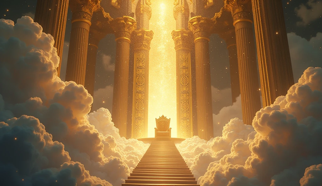 A towering, radiant throne stands in the center, with souls ascending toward it to be judged. Some souls are bathed in divine light, moving toward open golden gates, while others are cast down into darkness, symbolizing their eternal fate.