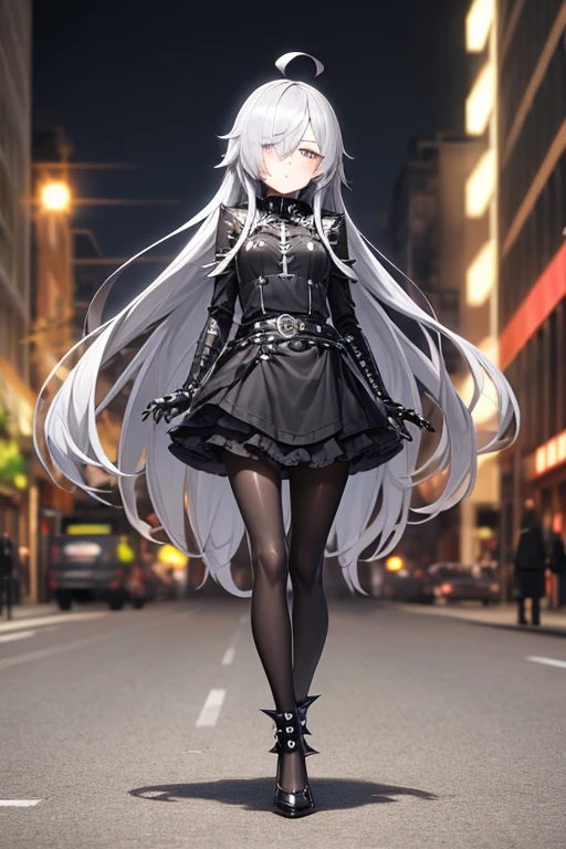 ((best quality)), ((masterpiece)), (detailed), 1 girl, Full body, 18 years old, Depressed face, Silver eyes, Arms outstretched, Arms behind waist, Metal covering her eyes, Eyes covered, Blushing, Silver hair, long hair, ahoge, Bangs, Strand of hair covering her eye, Full body, Tall, Small breasts, Slim body, Grey hood, Metal spikes, Grey wristbands, Long black gloves with spikes, Grey goth outfit, Gothic lolita, Grey dress with metal spikes, Metal emblem, Tight fitting, Black belt, Metal skin, Black pantyhose, Black shoes, Walking through the city, Metal spikes coming out of the road, City background, Anime