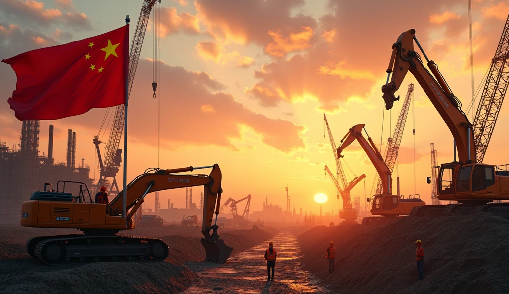 high detailed render, construction site,multiple construction workers,construction vehicles,heavy machinery,excavators,cranes,chinese flag,horizontal composition,realistic lighting,warm color tone,photorealistic,8k,highly detailed,cinematic composition,dramatic lighting,epic scale