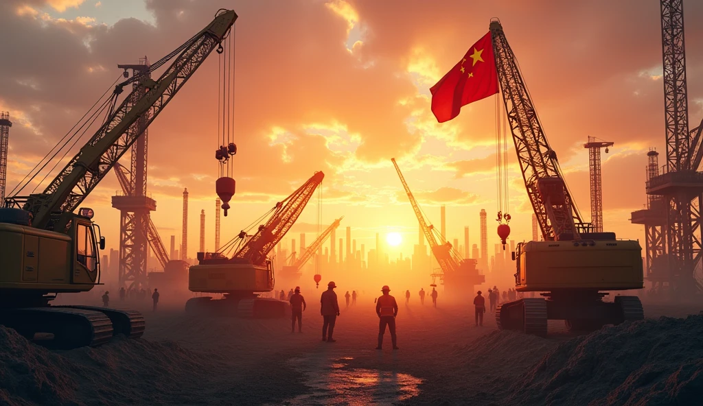 high detailed render, construction site,multiple construction workers,construction vehicles,heavy machinery,excavators,cranes,chinese flag,horizontal composition,realistic lighting,warm color tone,photorealistic,8k,highly detailed,cinematic composition,dramatic lighting,epic scale