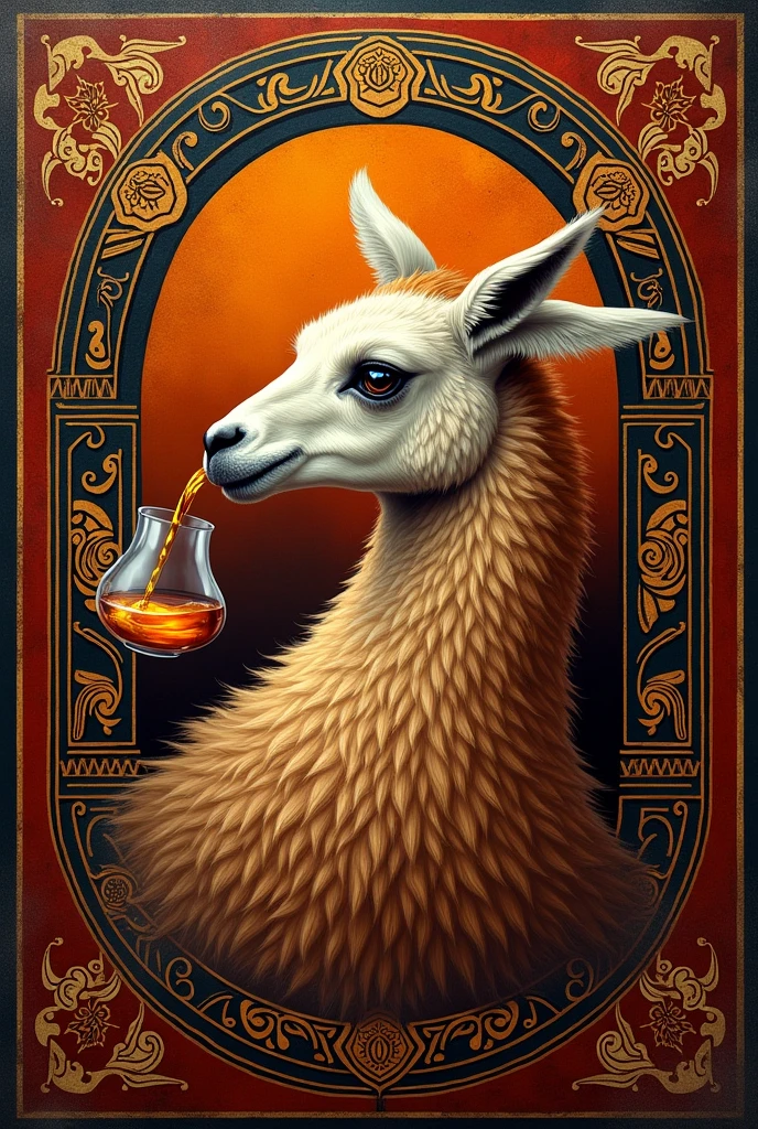Create a logo for a bar.
Inspired by a Peruvian vicuña drinking whiskey. Include Inca designs from the Peruvian highlands and make it extravagant.