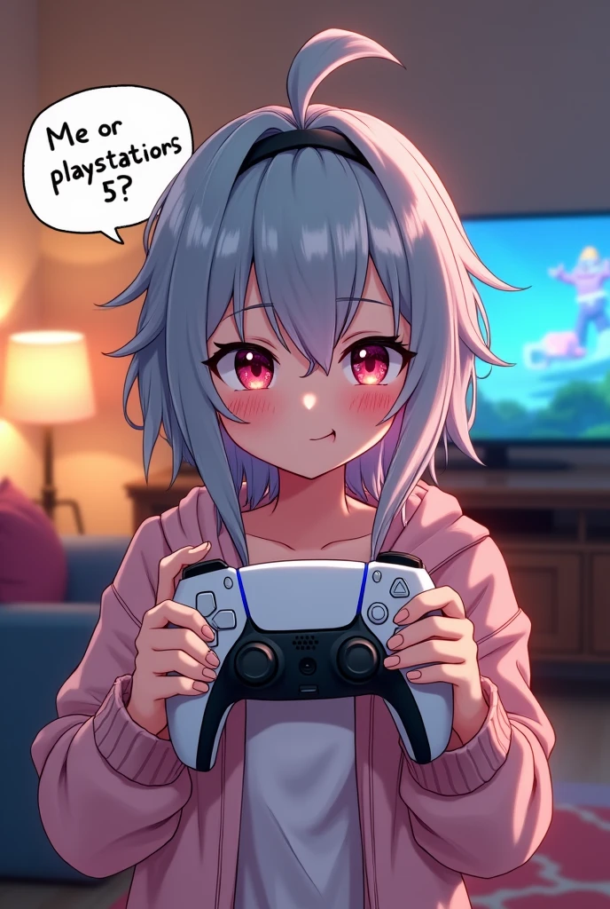 Anime girl, staring at you, With a Pervert face, With a floating bubble saying: me or Playstation 5?   , Nice details, she holding a controller of the ps5 To provoke the user, Tv at backgroubd, Room:Living room
