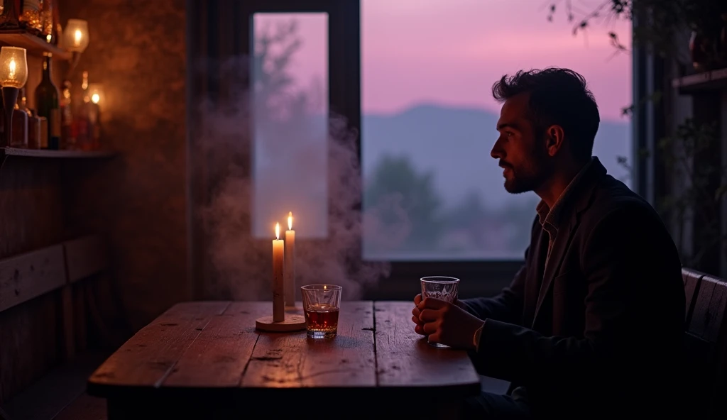 in a cantina amidst smoke and liquor a 30-year-old man absorbed in his thoughts, He holds a nearly empty glass in his hands, while looking through a window where the twilight can be seen on the horizon, 16:9, very detailed shadows and lights accentuate the melancholic atmosphere of the scene