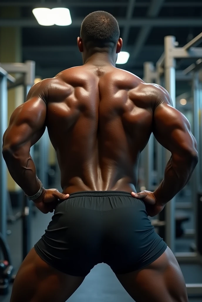 Make a muscular black man in the gym doing squats and with his buttocks open with his anus showing