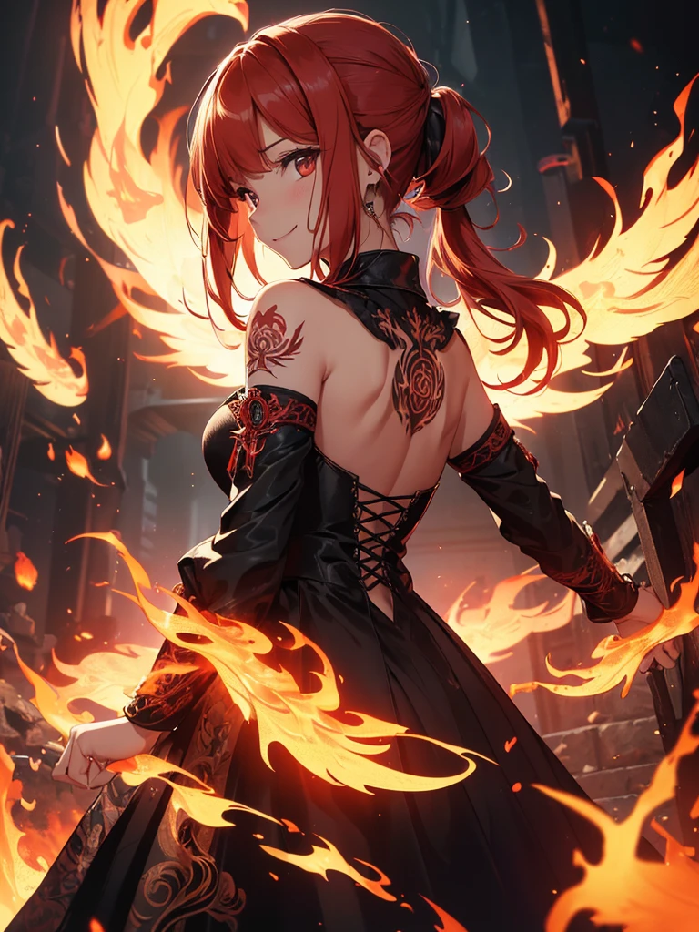 (((best quality, sharp image, clear image, cinematic lighting, 8k resolution, masterpiece, ultra detailed, intricate))) Girl, (((looking over left shoulder))), (shot from behind), ((shot from hip up)), fiery red hair, pigtails, ((intricate black dress)), ((flaming sigils, flaming runes)), spiky rock formations, (flaming lotus flowers frame), (intricate background), (chaotic background), ((Phoenix)), (swirling flames), smiling,tatoo on back